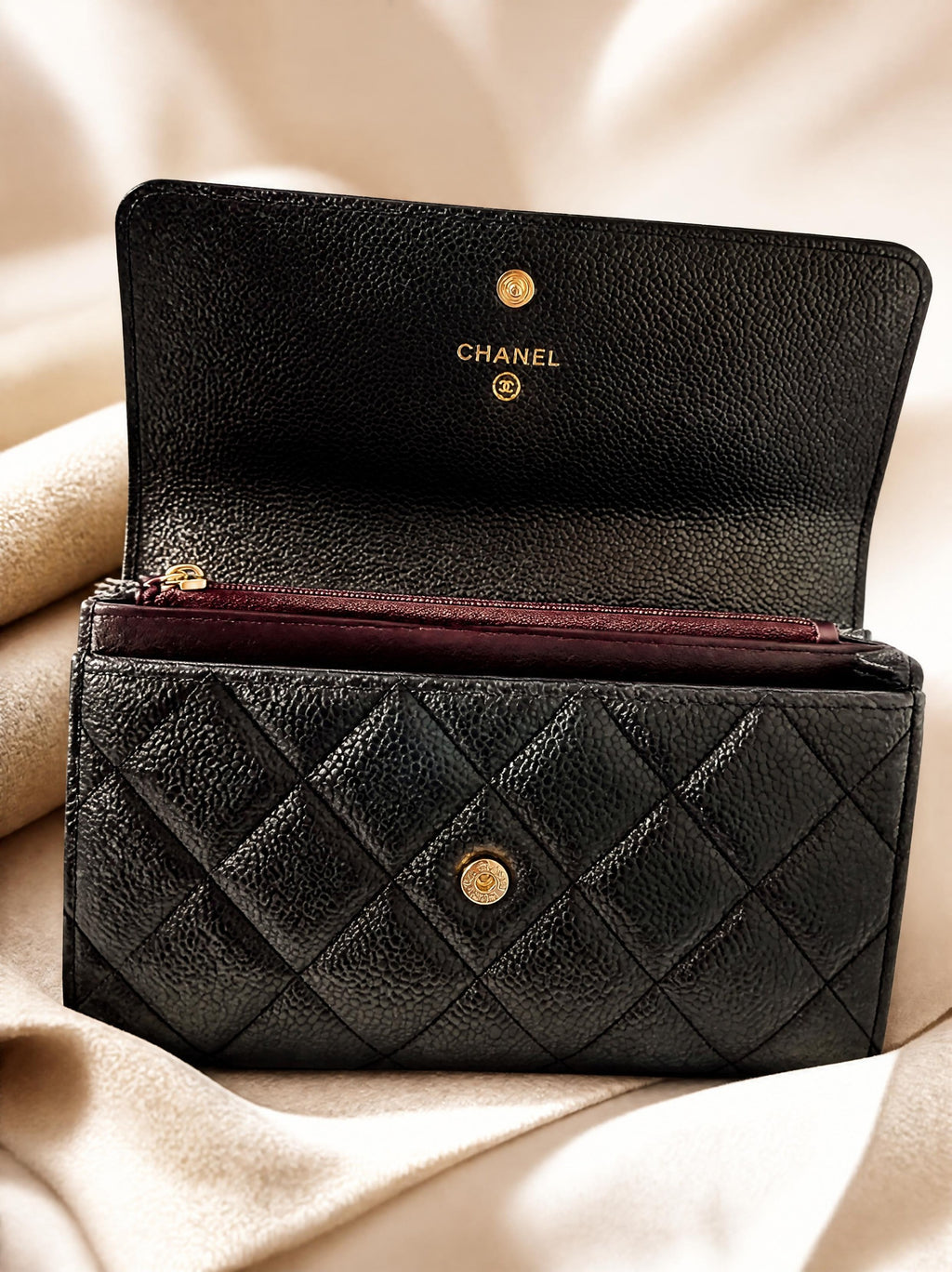 CHANEL Black Wallet with CC Logo, Snap Closure & Zip Coin Pocket