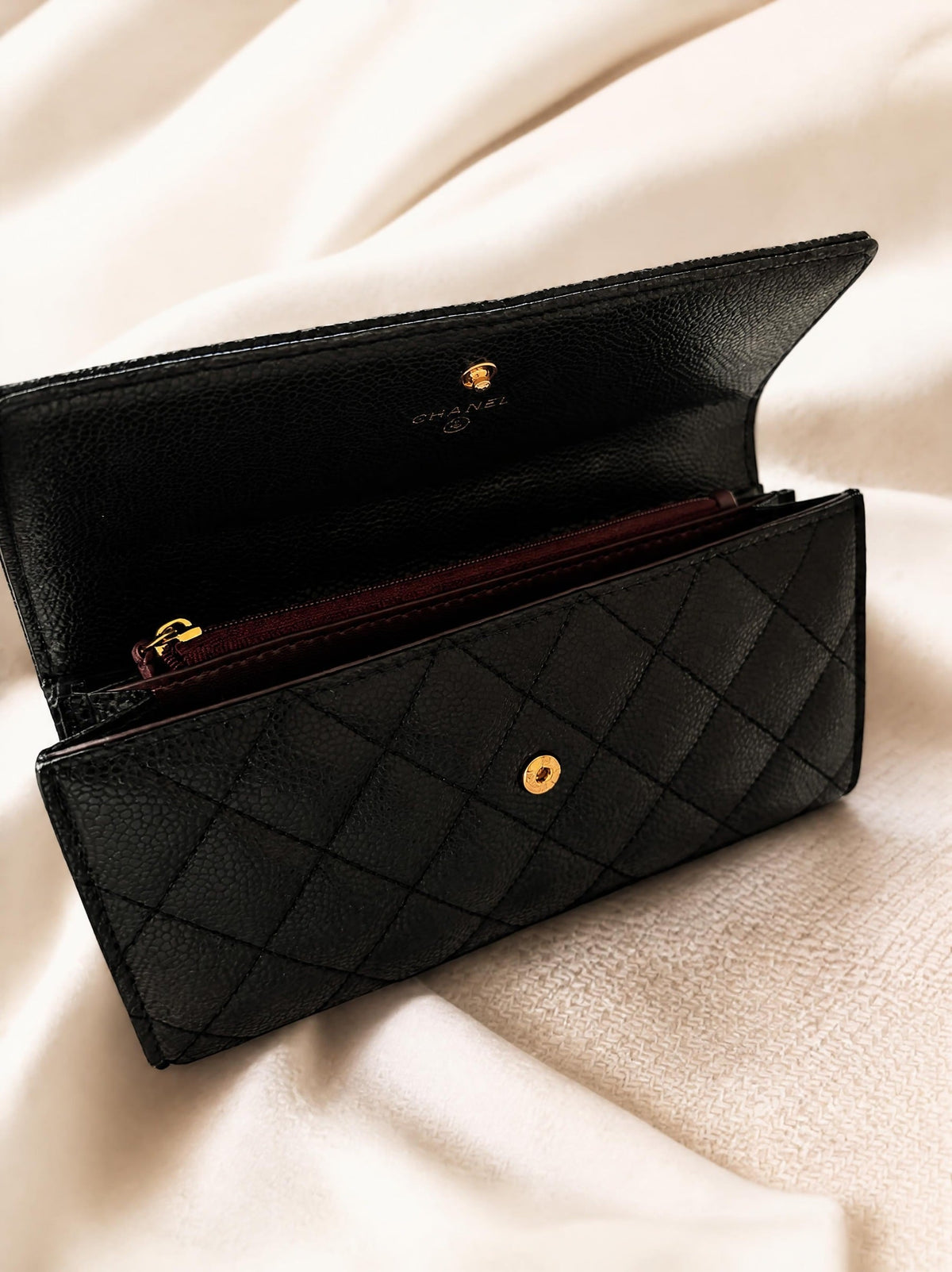 CHANEL Black Wallet with CC Logo, Snap Closure & Zip Coin Pocket